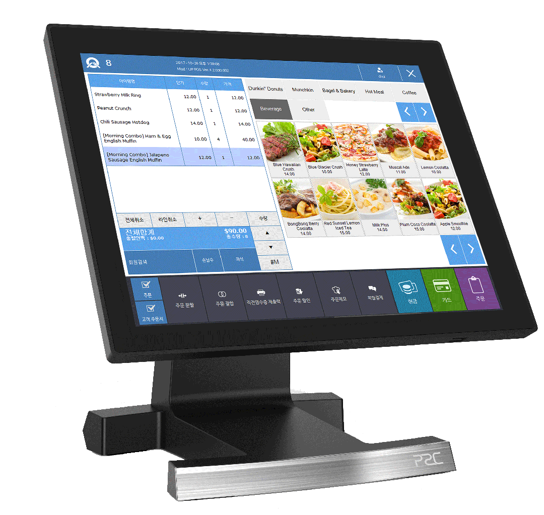 Ein Bild eines Point-of-Sale-Automaten mit einem Menü darauf, der für die Zahlungsabwicklung und das Verkaufssystem verwendet wird.