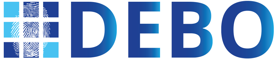 Das Debo-Logo auf schwarzem Hintergrund für Point of Sale und Zahlungsabwicklung.